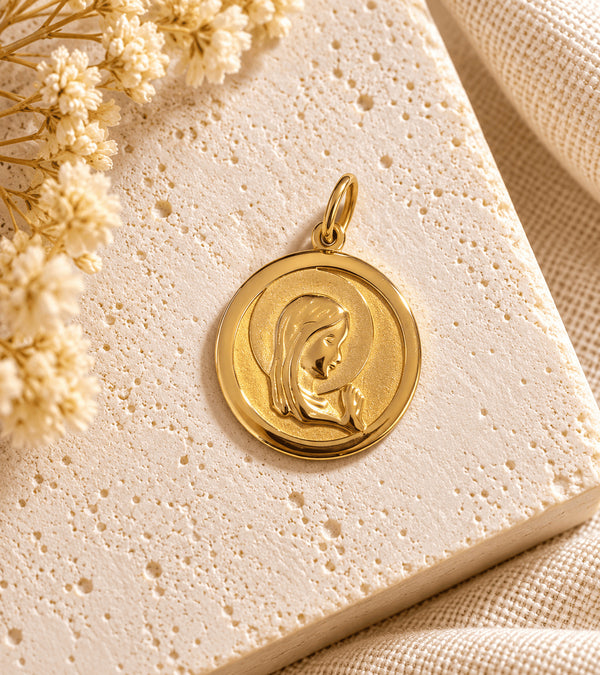 COLLAR BOLITAS MEDALLA VIRGEN NIÑA DORADA